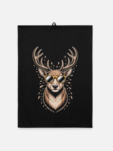 Deer with antlers and sunglasses - Organic dish towel - black - Front
