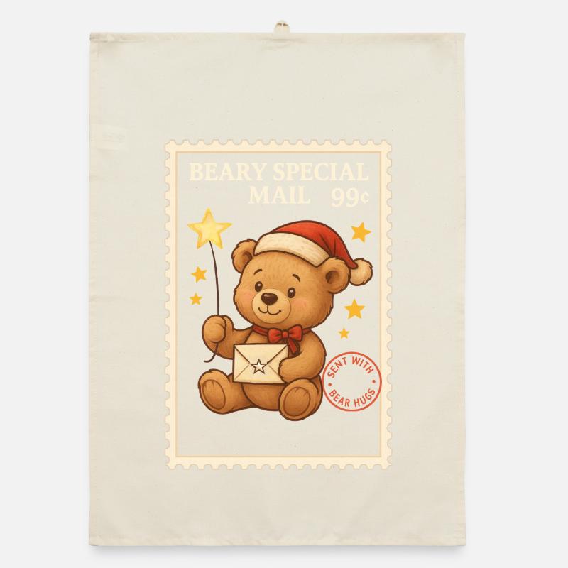 Christmas Postage Stamp Teddy Bear Wand Mail Organic dish towel