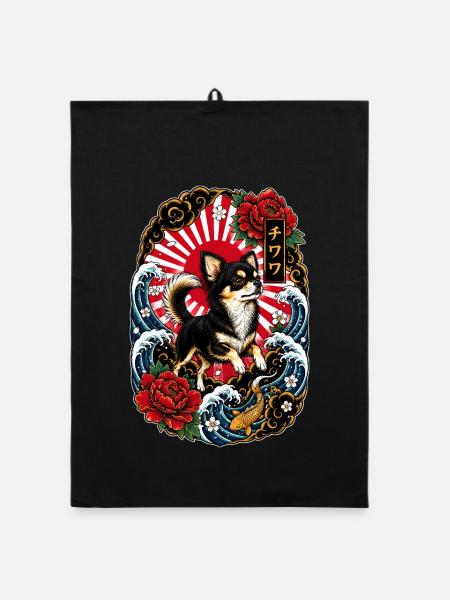 Chihuahua im japanischen Tattoo Style - Organic Geschirrtuch - Schwarz - Vorne
