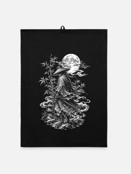 Japanese Samurai Ronin with Straw Hat and Katana - Organic dish towel - black - Front