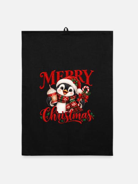 Festliche Pinguin-Weihnachtsstimmung - Organic Geschirrtuch - Schwarz - Vorne
