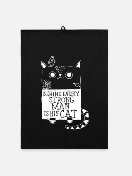 behind every strong man is his cat... catlove - Organic Geschirrtuch - Schwarz - Vorne