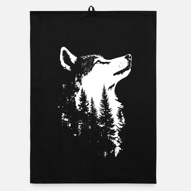 Nordischer Wolf Wald Silhouette - Organic Geschirrtuch - Schwarz