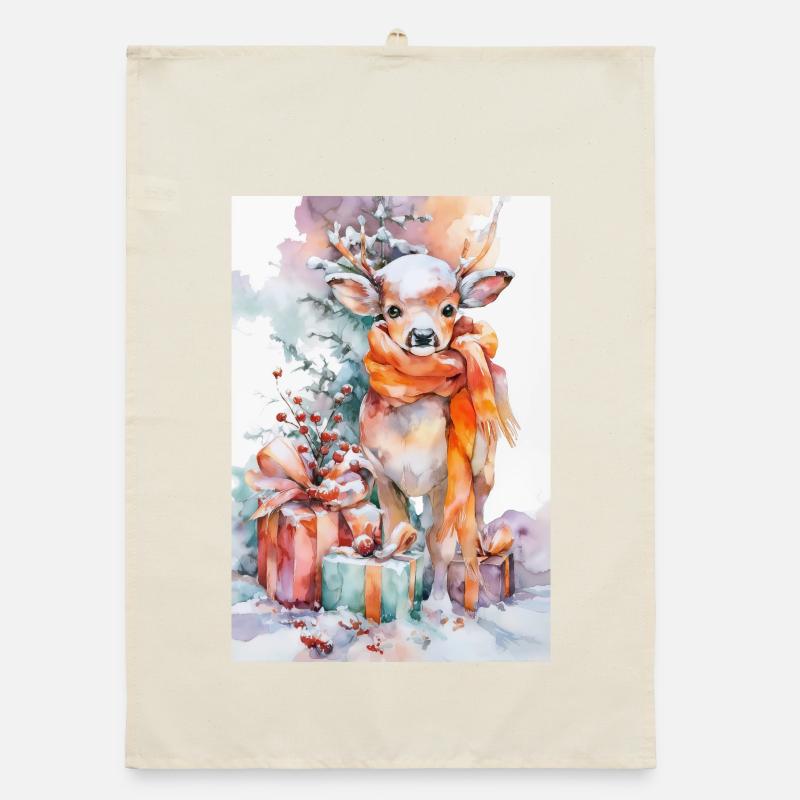 Aquarell Winterhirsch mit Geschenken Organic Geschirrtuch