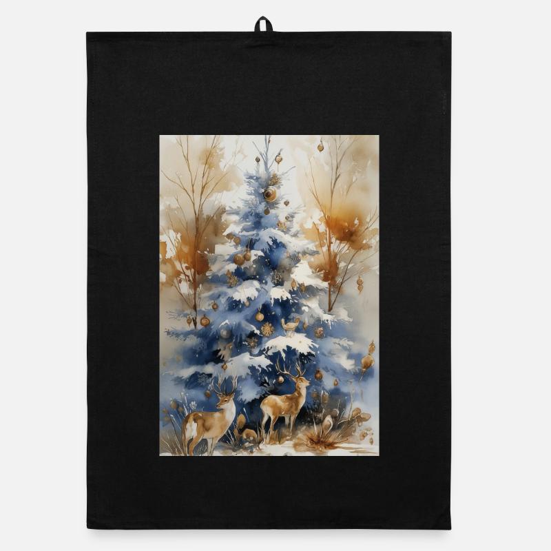 Blue Christmas Tree and Deer Organic dish towel