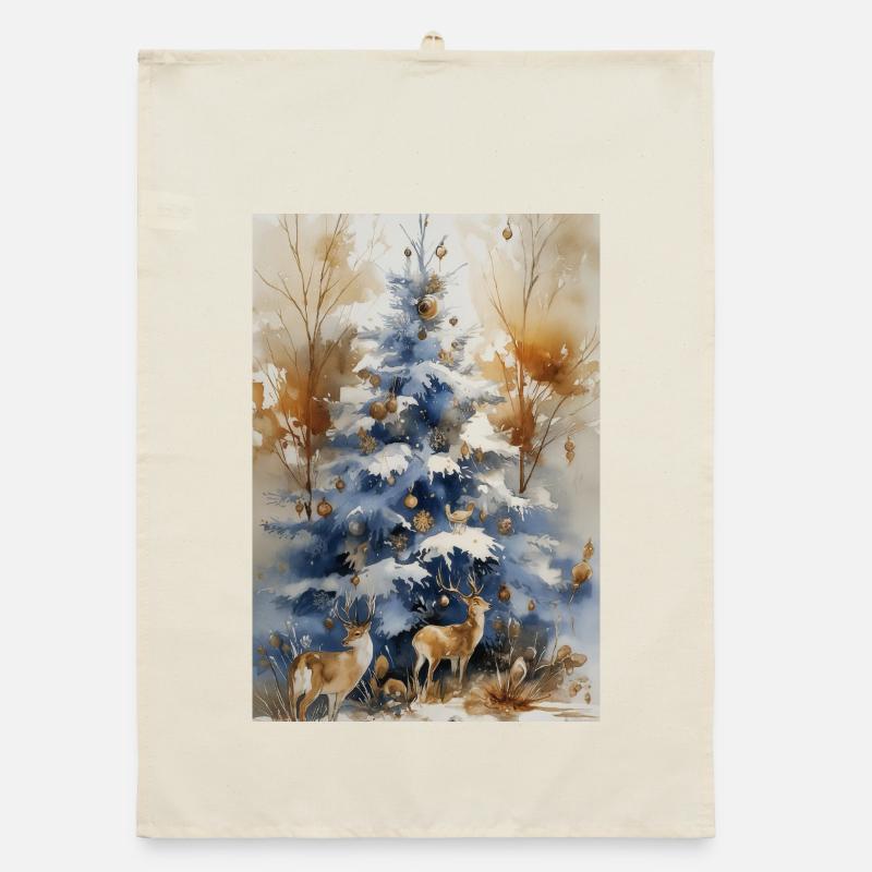 Blauer Weihnachtsbaum und Hirsch Organic Geschirrtuch
