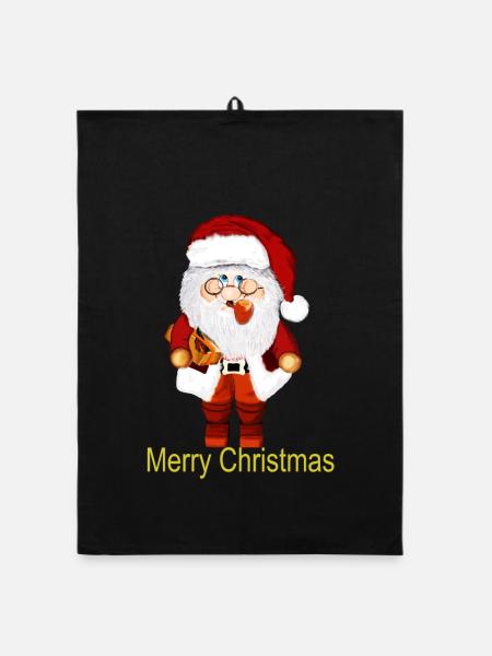 Weihnachtsmann mit Geschenkpaket - Organic Geschirrtuch - Schwarz - Vorne
