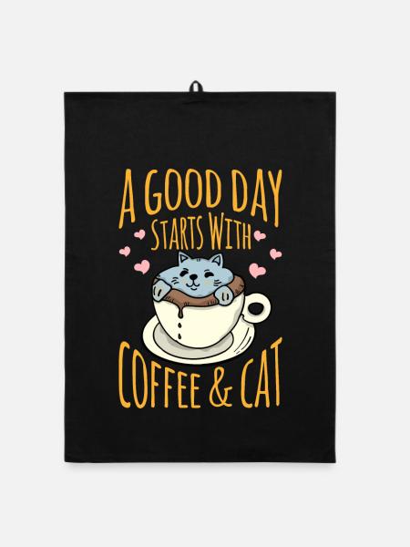 Katze in der Kaffeetasse mit positiver Botschaft - Organic Geschirrtuch - Schwarz - Vorne