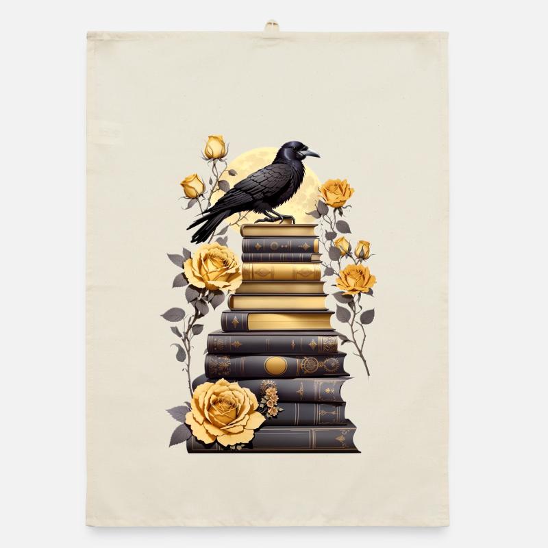 Stack of books with raven Organic dish towel