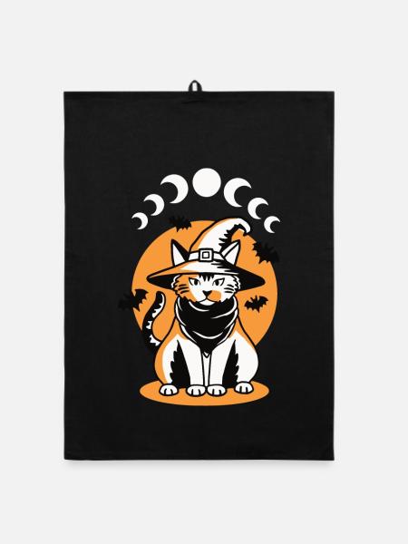 Katze Mondphasen Halloween - Organic Geschirrtuch - Schwarz - Vorne