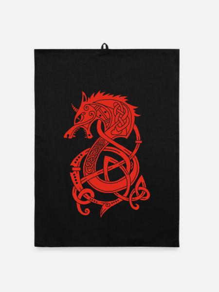 Viking Wolf Dragon (Red) - Organic dish towel - black - Front