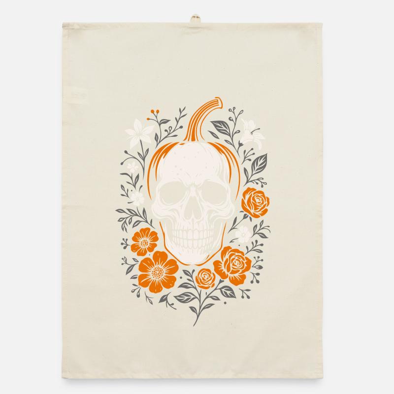 Tête de citrouille florale avec crâne - Halloween Torchon bio