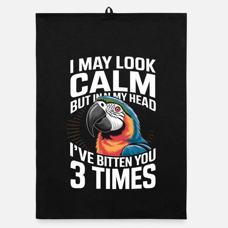 Parrot saying I seem calm but in my Organic dish towel