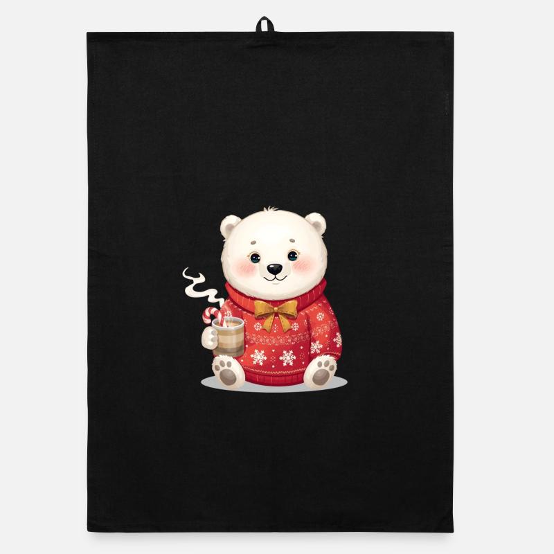 Ourson polaire en pull rouge Noël - Torchon bio - noir