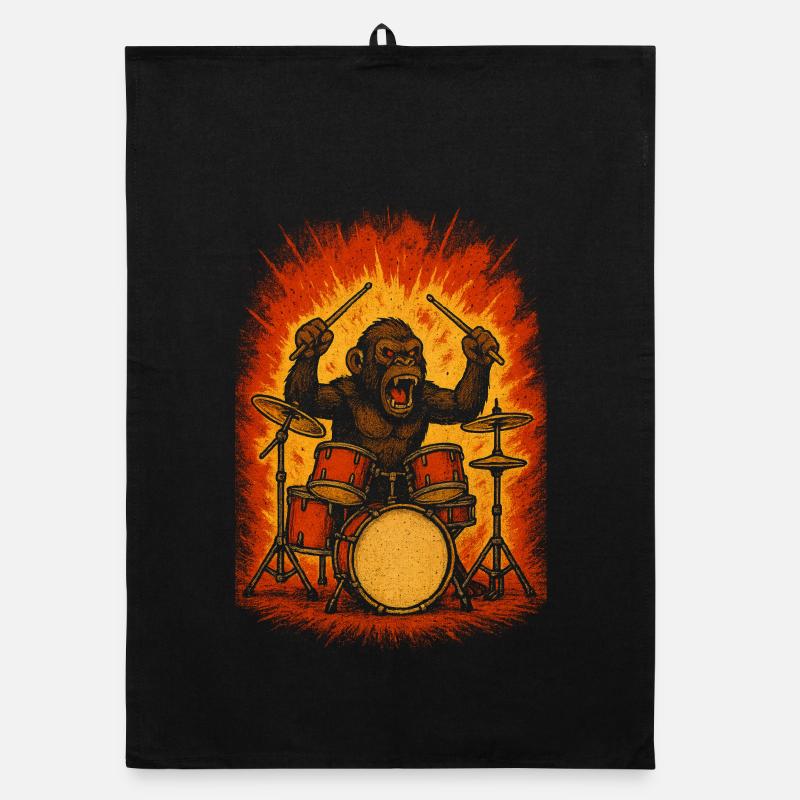 Monkey drummer on fire Organic dish towel