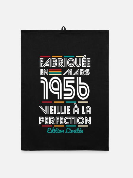 Anniversaire 70 ans - Fabriquée en Mars 1956 - Torchon bio - noir - Devant