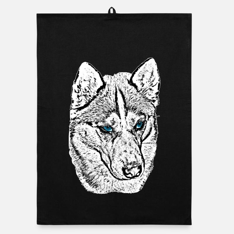 Wolfskopf Zeichnung Blaue Augen - Organic Geschirrtuch - Schwarz