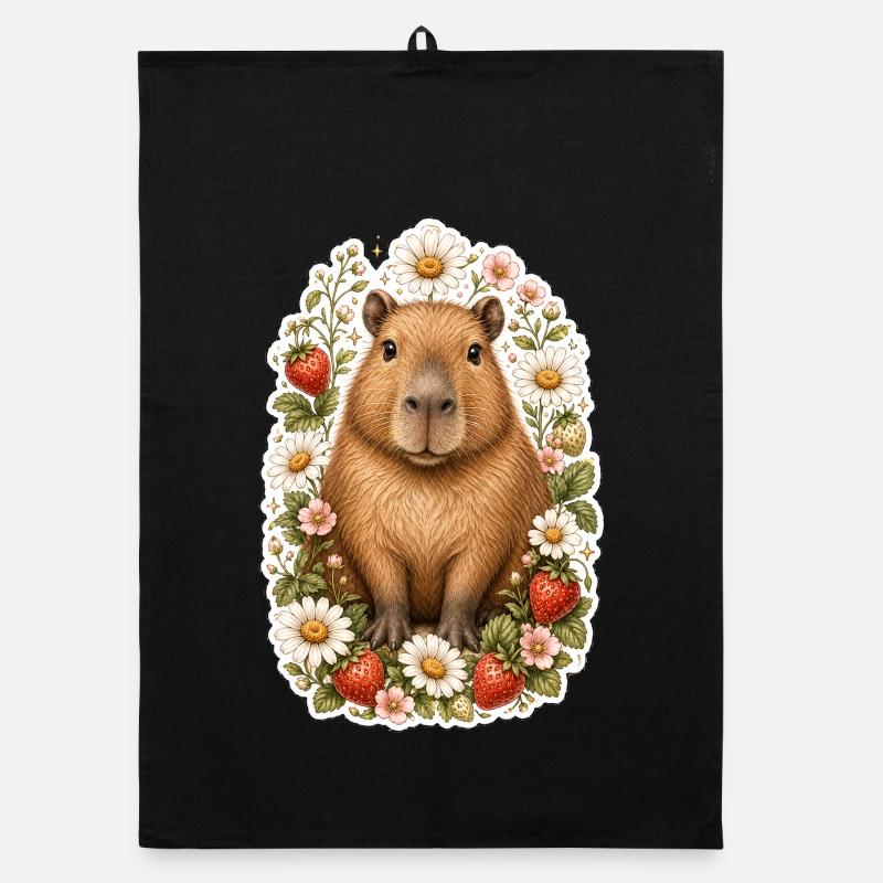Capybara Strawberries Daisy Animal Lover Organic dish towel