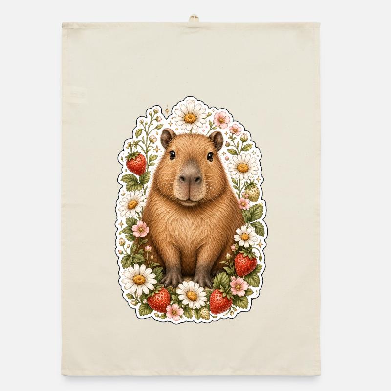 Capybara Strawberries Daisy Animal Lover Organic dish towel