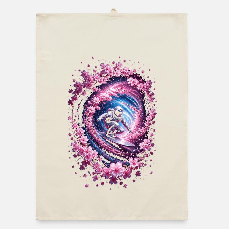 Astronaute surf dans un vortex, fleurs de cerisier Torchon bio