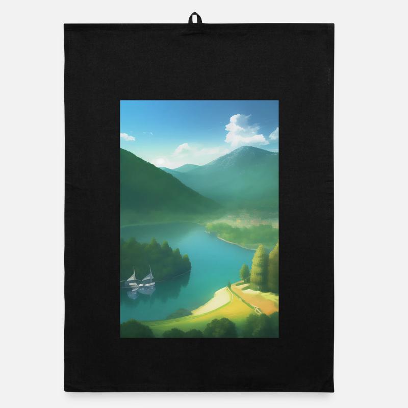 Landschaft mit See, Boot und Berge Organic Geschirrtuch