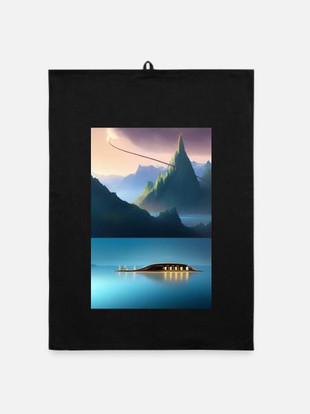 Landscape with lake, boat and mountains - Organic dish towel - black - Front