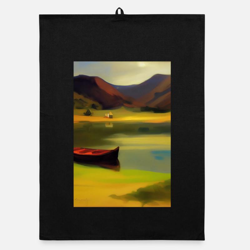 Paysage avec lac, bateau et montagnes Torchon bio