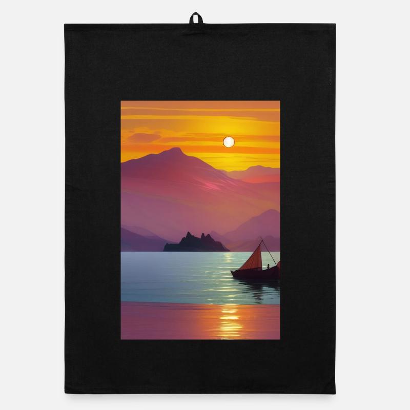 Paysage avec lac, bateau et montagnes Torchon bio