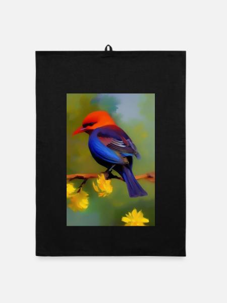 Oiseau sur branche avec fleurs - Torchon bio - noir - Devant