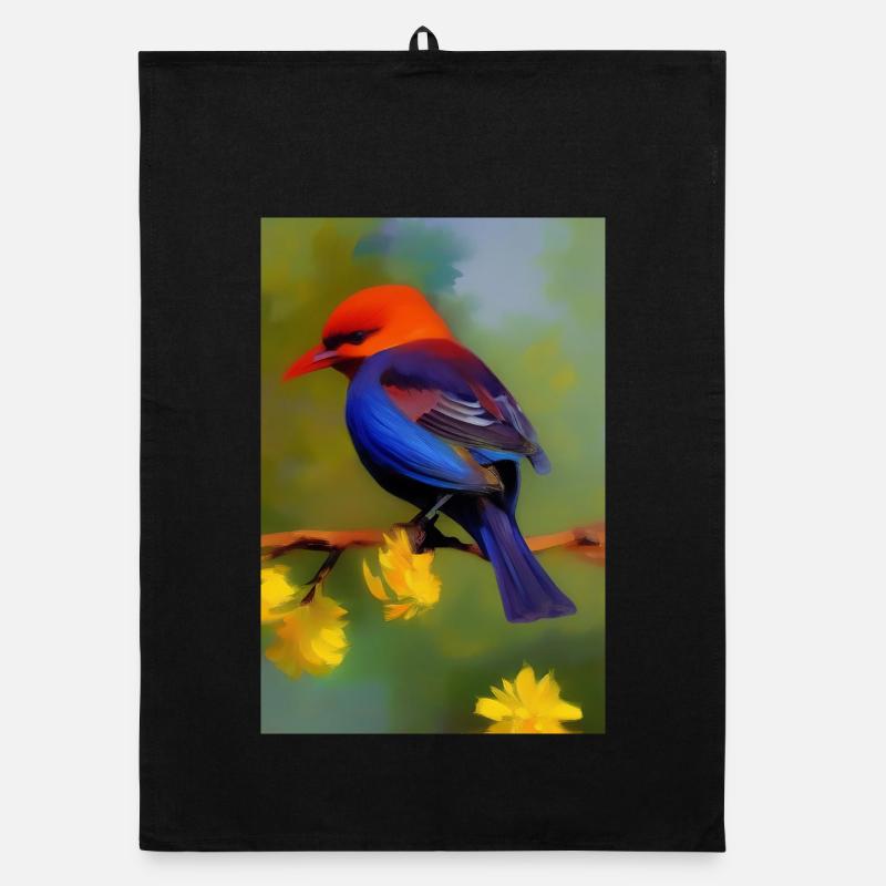 Bird on branch with flower blossoms Organic dish towel