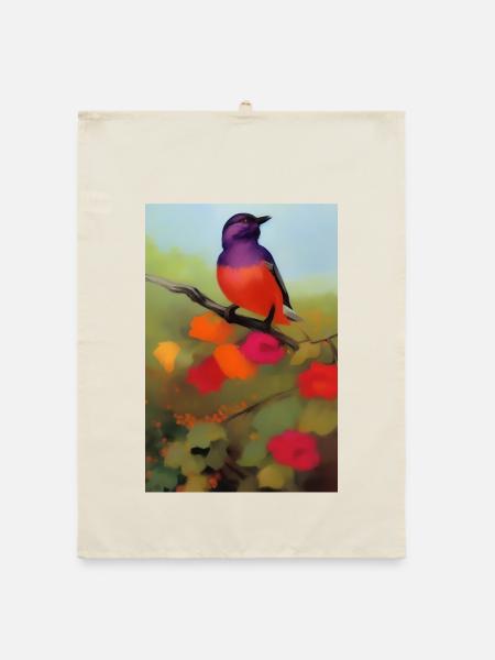 Bird on branch with colorful flowers - Organic dish towel - nature - Front
