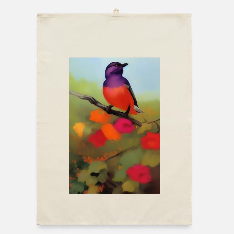 Oiseau sur branche avec des fleurs colorées Torchon bio