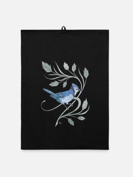 Blauer Eichelhäher auf einem Zweig mit Blättern - Organic Geschirrtuch - Schwarz - Vorne