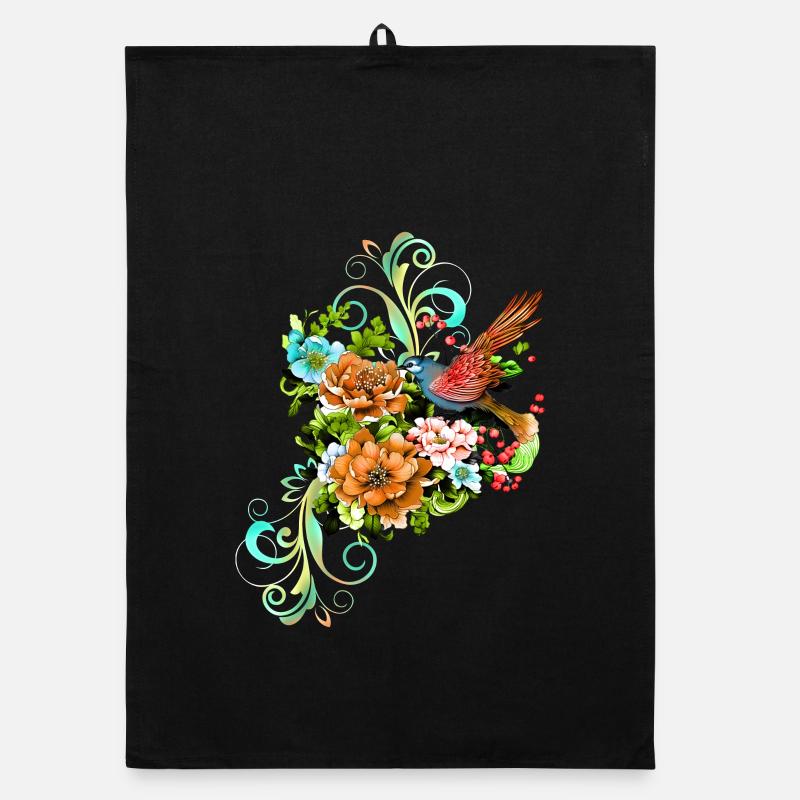 Merveilleuses fleurs élégantes avec oiseau. Torchon bio