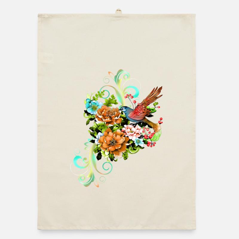 Wonderful elegant flowers with bird. Organic dish towel