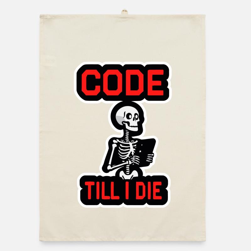 Skeleton with computer CODE TILL I DIE Organic dish towel