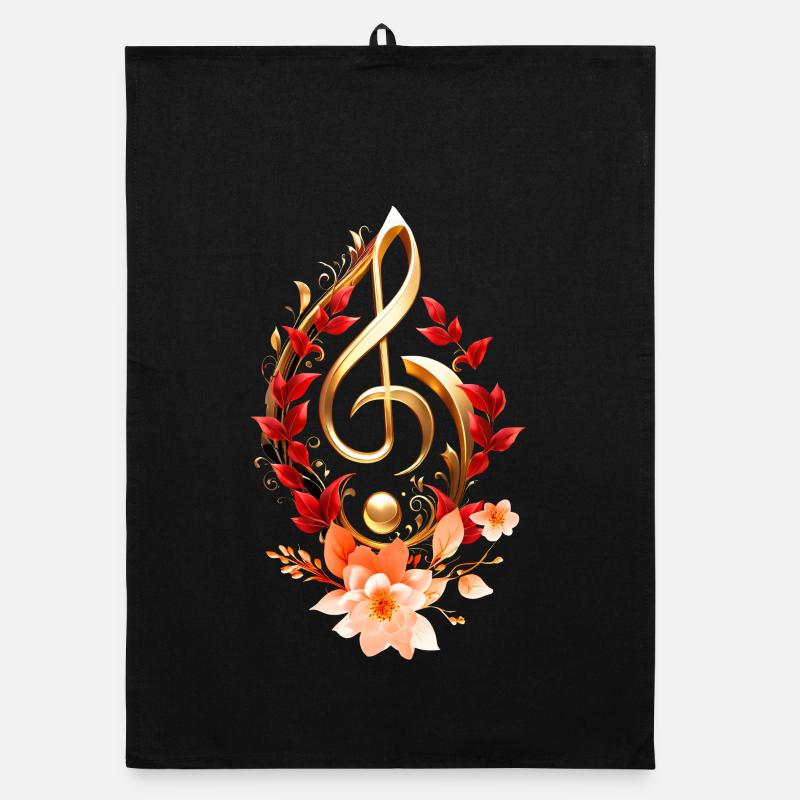 Clé de sol dorée avec des feuilles rouges. Torchon bio