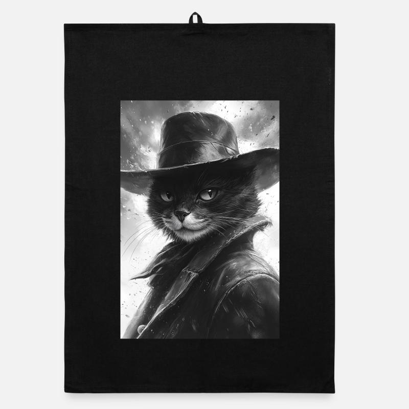 Chat noir et blanc dans un look cowboy - Torchon bio - noir