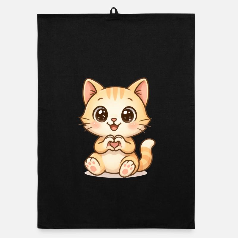 Chat mignon avec des mains en forme de cœur - Torchon bio - noir