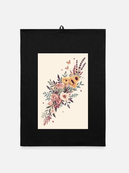Bouquet floral aux papillons - Torchon bio - noir - Devant