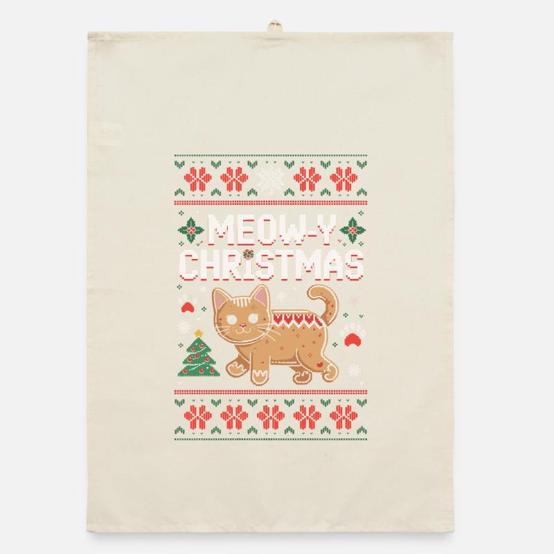 Miaou Noël Pixel Chat Torchon bio
