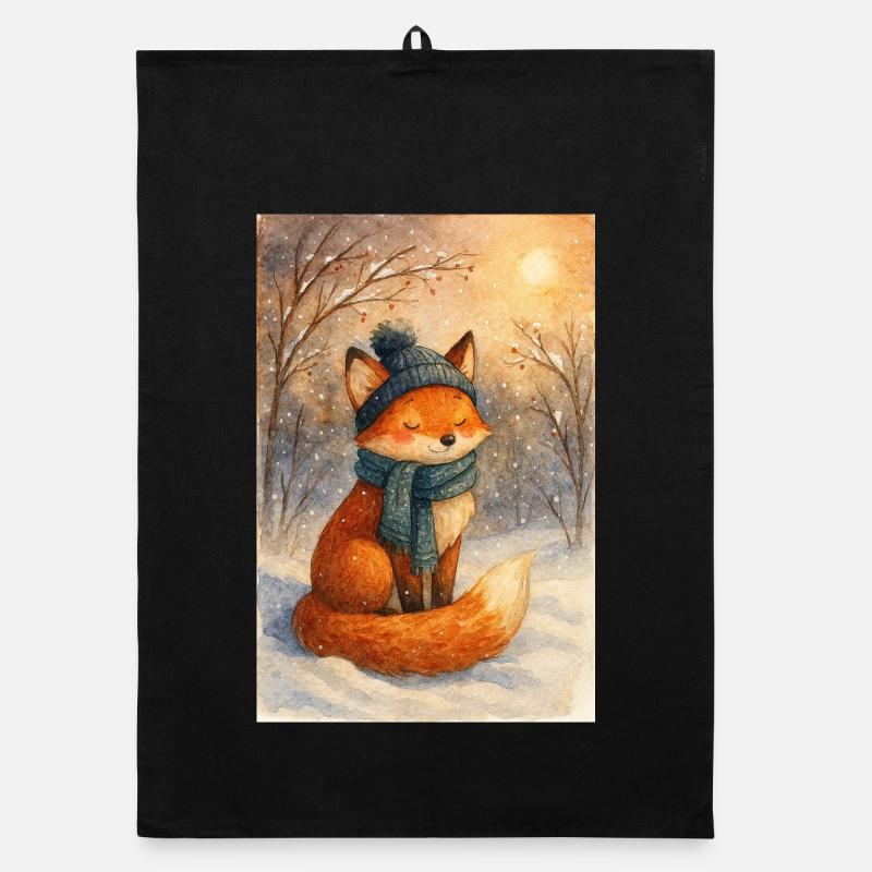 Winter fox with scarf and hat Organic dish towel