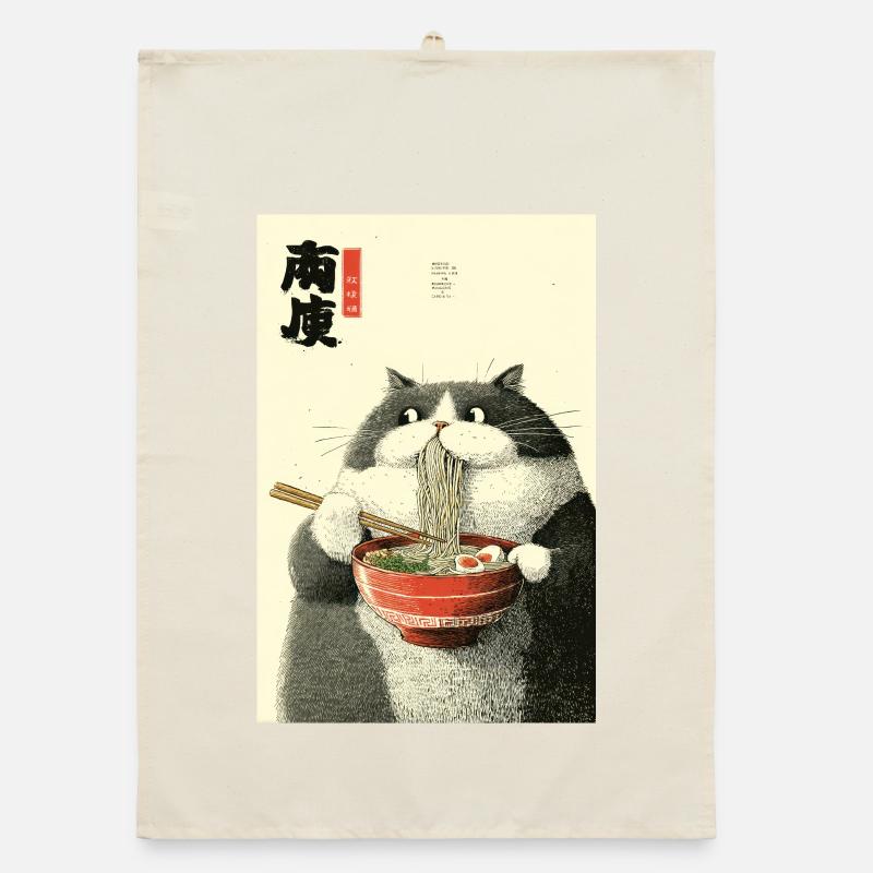 Moonlit Cat Slurping Ramen Organic dish towel