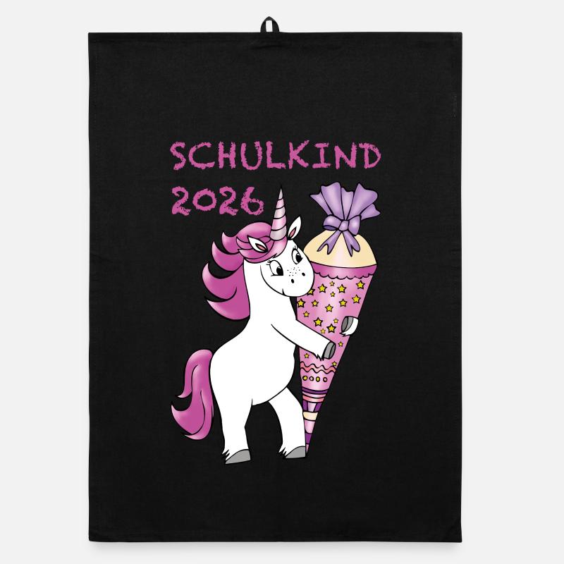Einhorn mit Zuckertüte Einschulung Schulkind 2026 - Organic Geschirrtuch - Schwarz
