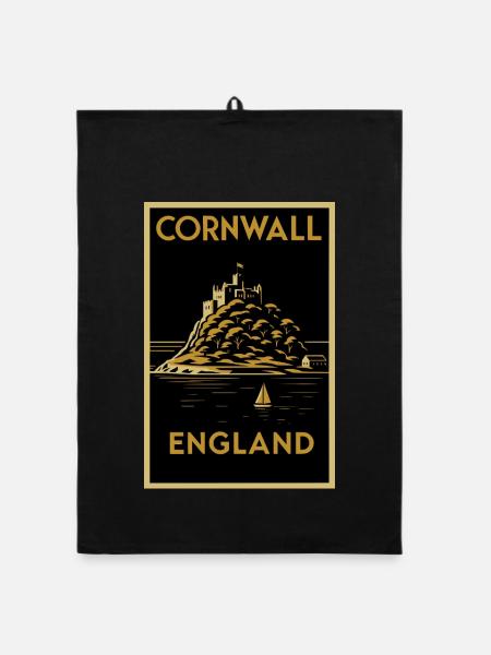 Cornwall England – Art-Déco Reise Poster - Organic Geschirrtuch - Schwarz - Vorne