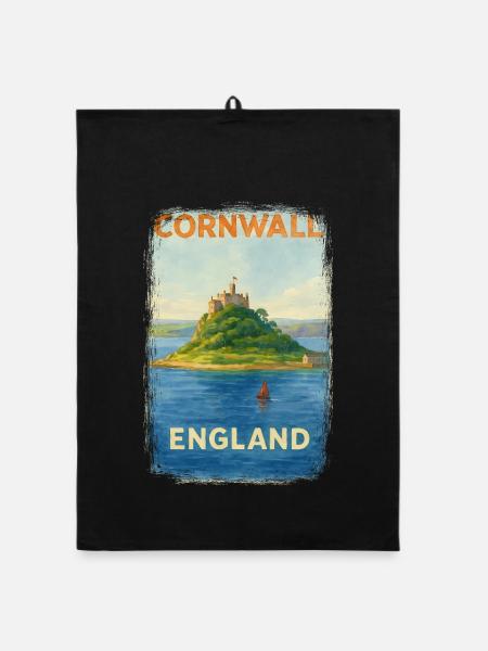 Cornwall England – Aquarell Reiseposter - Organic Geschirrtuch - Schwarz - Vorne