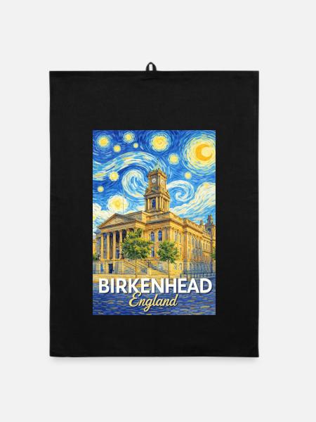 Birkenhead England Clock Tower Star Swirl - Organic dish towel - black - Front