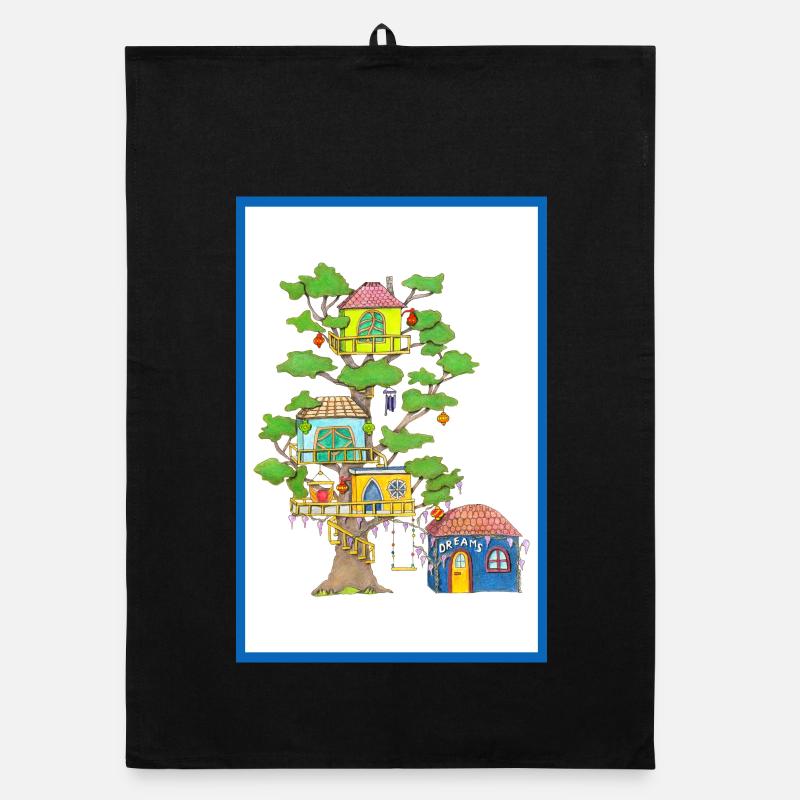 Maison dans l’arbre pour rêver dessinée à la main Torchon bio
