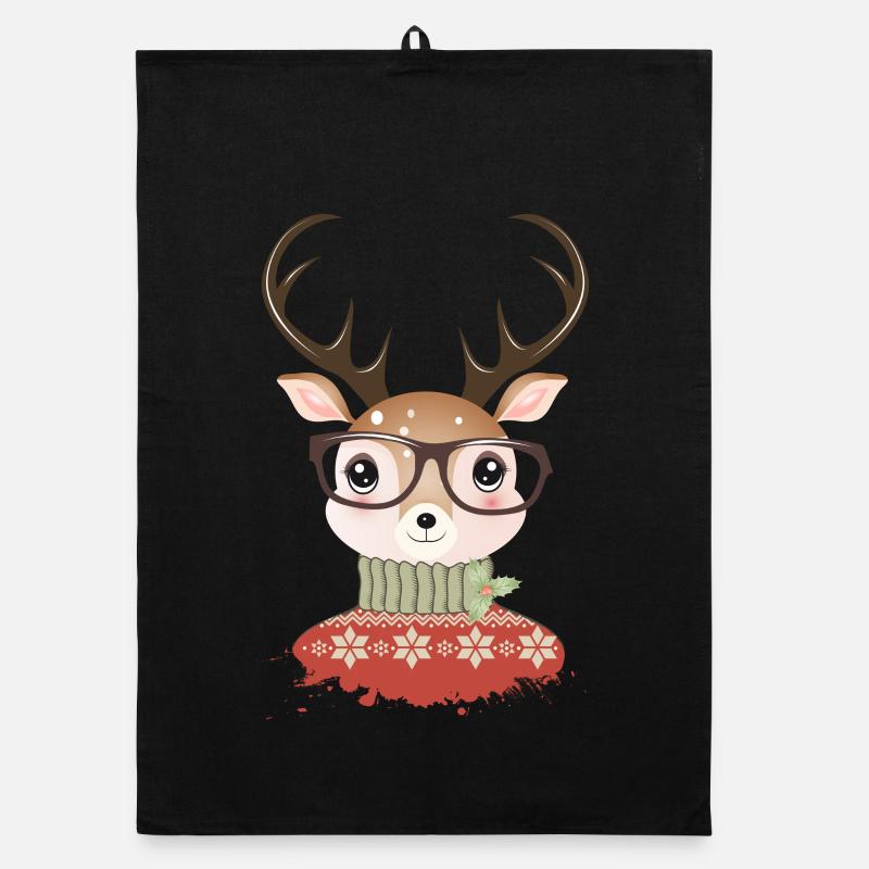 Hirsch mit Weihnachtspullover und Nerd Brille Organic Geschirrtuch