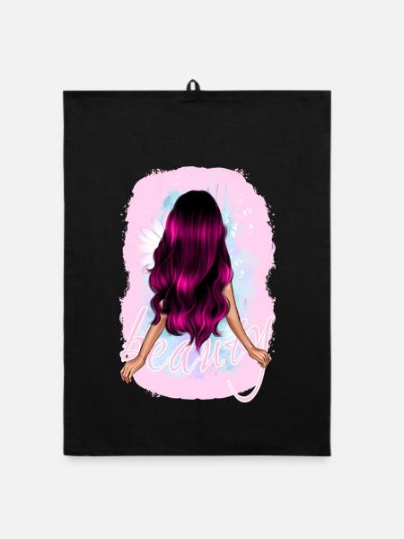 Girl woman beauty long pink hair with flower - Organic dish towel - black - Front